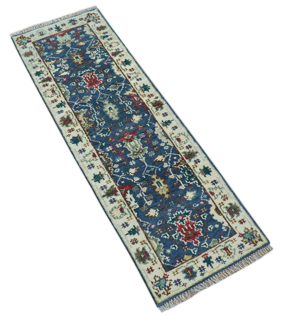 Hand knotted Runner 2.6x8 Blue And Ivory Traditional Design Wool Rug - The Rug Decor