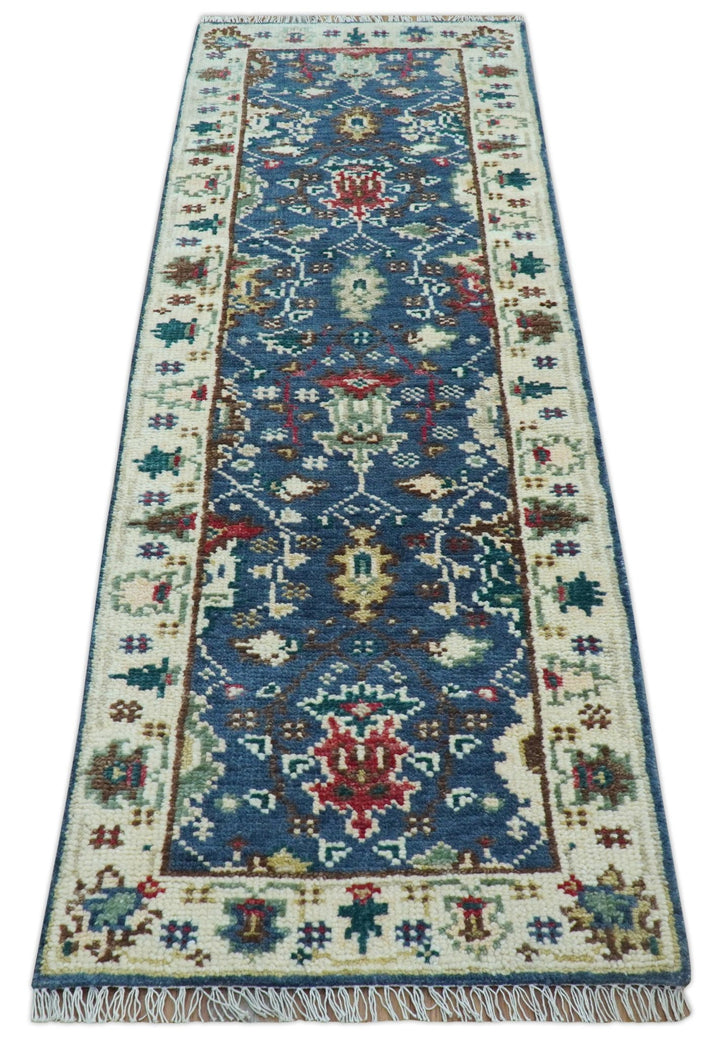 Hand knotted Runner 2.6x8 Blue And Ivory Traditional Design Wool Rug - The Rug Decor