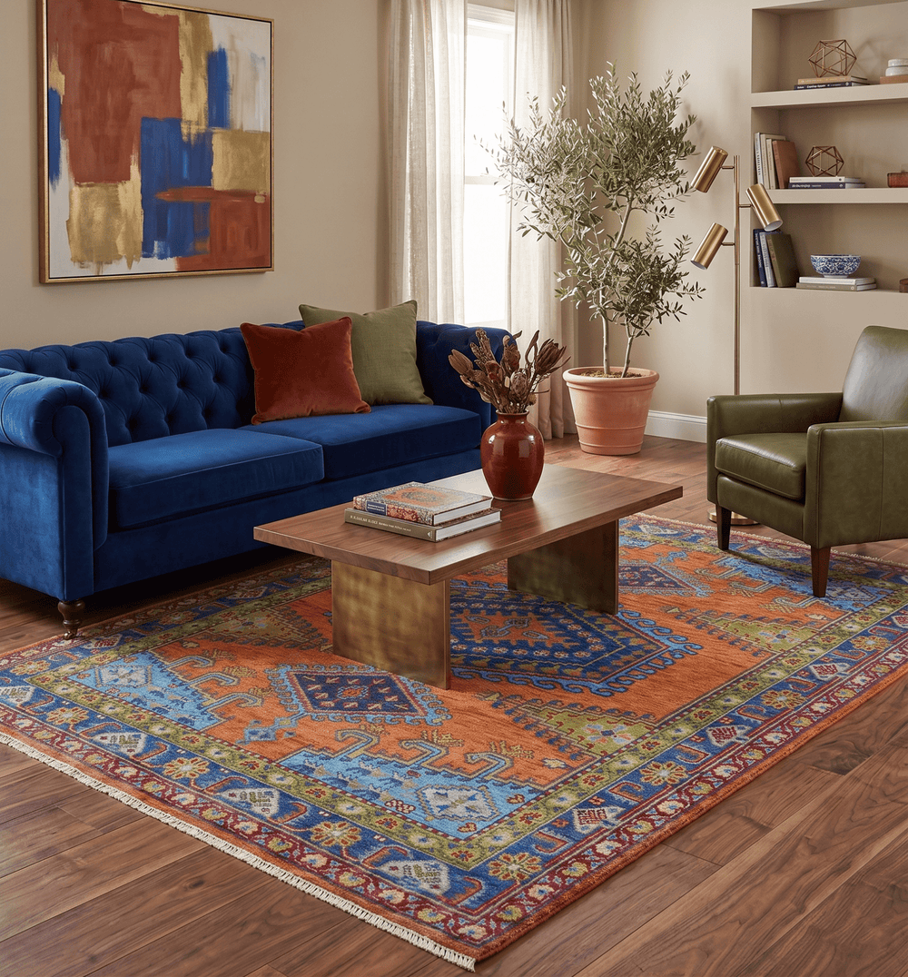 Hand Knotted Rust And Blue Traditional Multi Size Antique Wool Area Rug - The Rug Decor