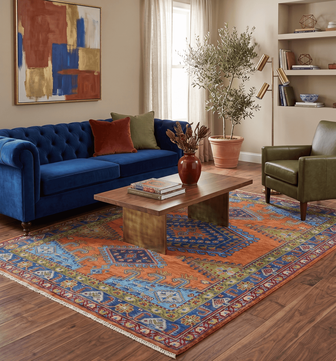Hand Knotted Rust And Blue Traditional Multi Size Antique Wool Area Rug - The Rug Decor
