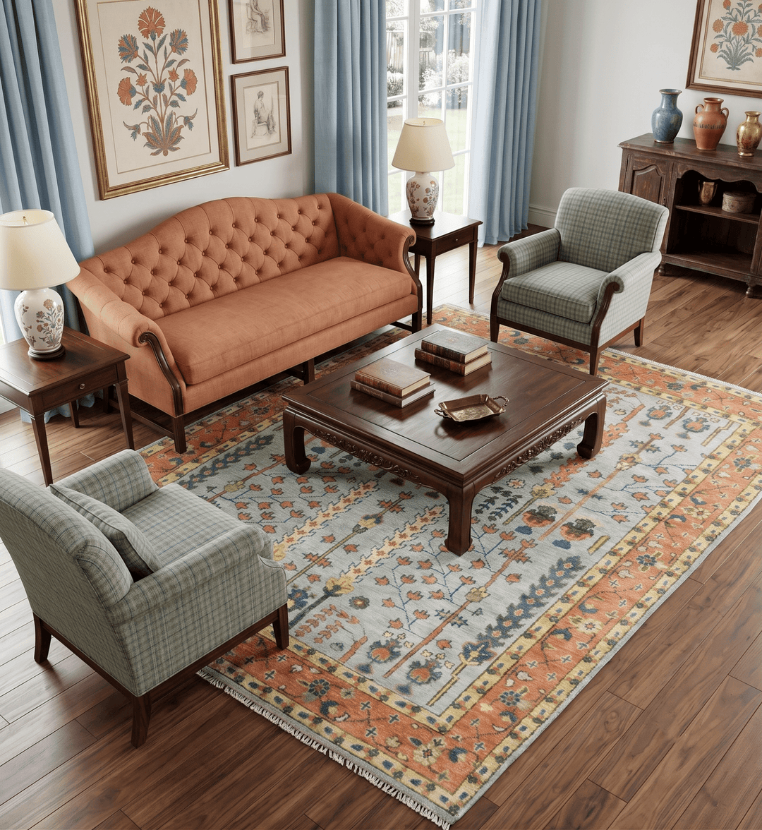 Hand Knotted Rust and Blue Traditional Turkish Tree of Life Multi Size Wool Rug - The Rug Decor
