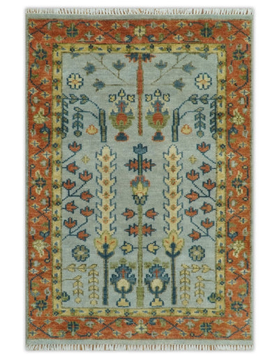 Hand Knotted Rust and Blue Traditional Turkish Vintage Multi Size Wool Rug - The Rug Decor