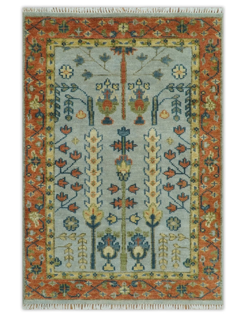 Hand Knotted Rust and Blue Traditional Turkish Vintage Multi Size Wool Rug - The Rug Decor