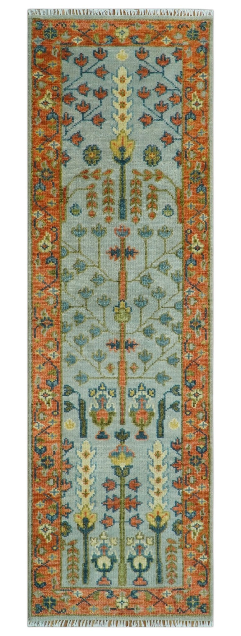 Custom Made Hand Knotted Rust And Silver Tree of life Runner Wool Rug