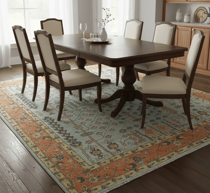 Hand Knotted Rust and Blue Traditional Turkish Vintage Multi Size Wool Rug - The Rug Decor