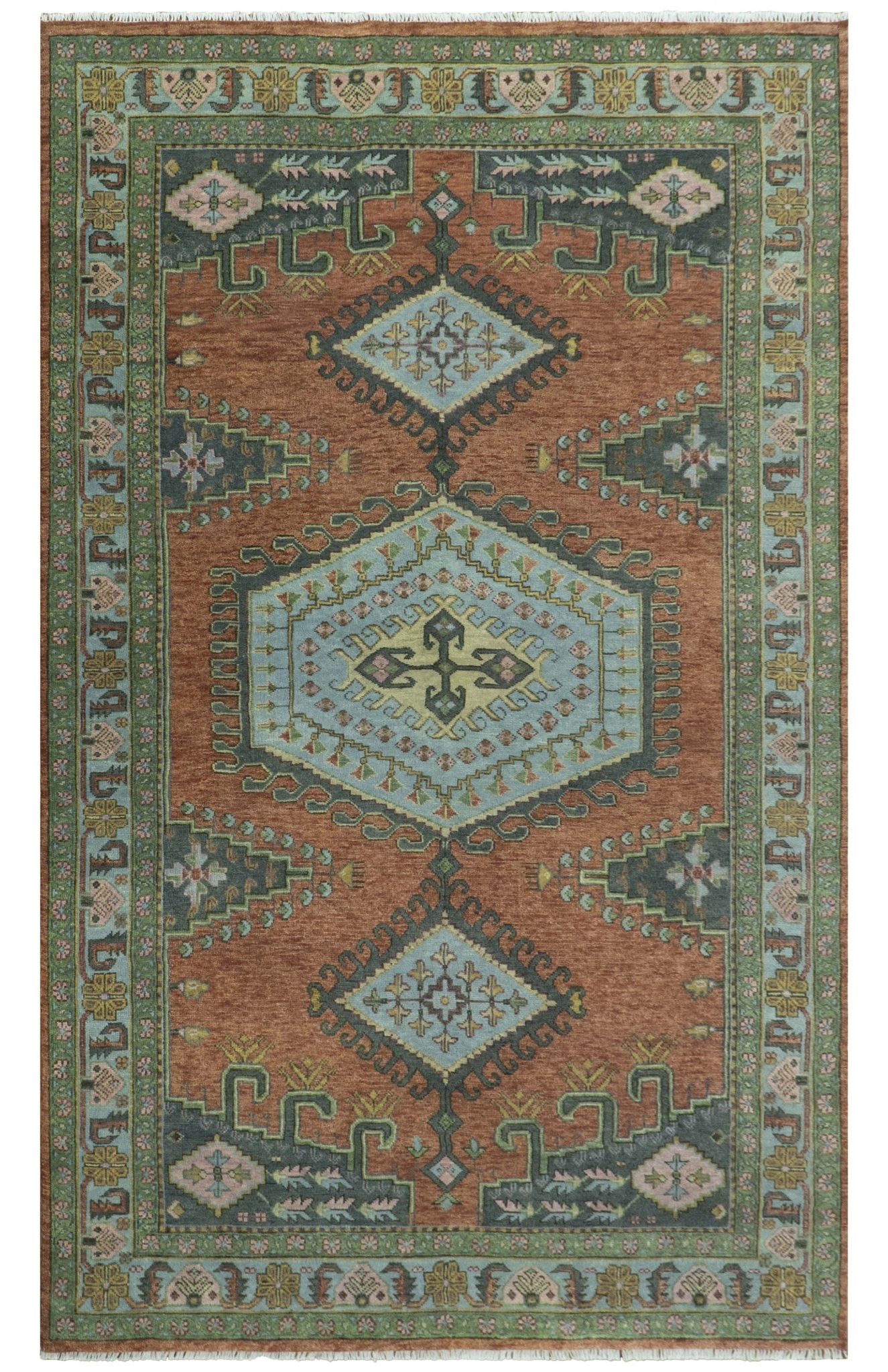 ✦vintage rugs✦　116cm58cm　インド産　ハンドメイドラグ Hand Knotted Rust, Blue and Olive Traditional Antique Wool Rug