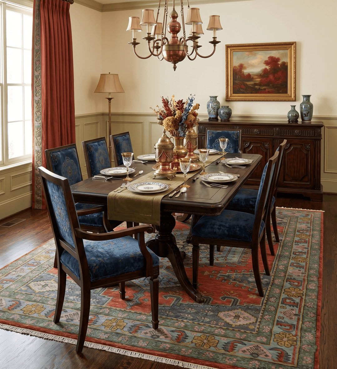 Hand Knotted Rust, Blue and Olive Traditional Antique Wool Rug - The Rug Decor