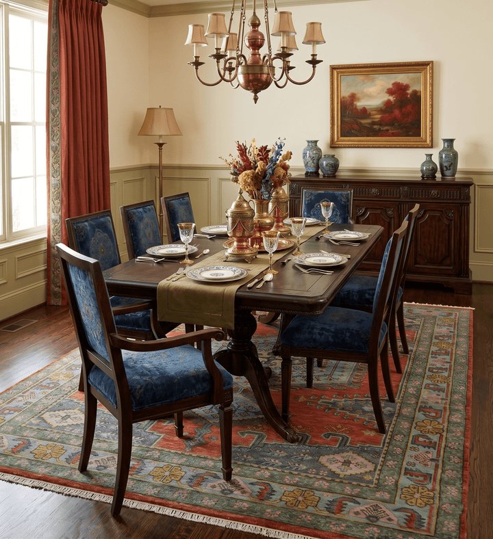 Hand Knotted Rust, Blue and Olive Traditional Antique Wool Rug - The Rug Decor