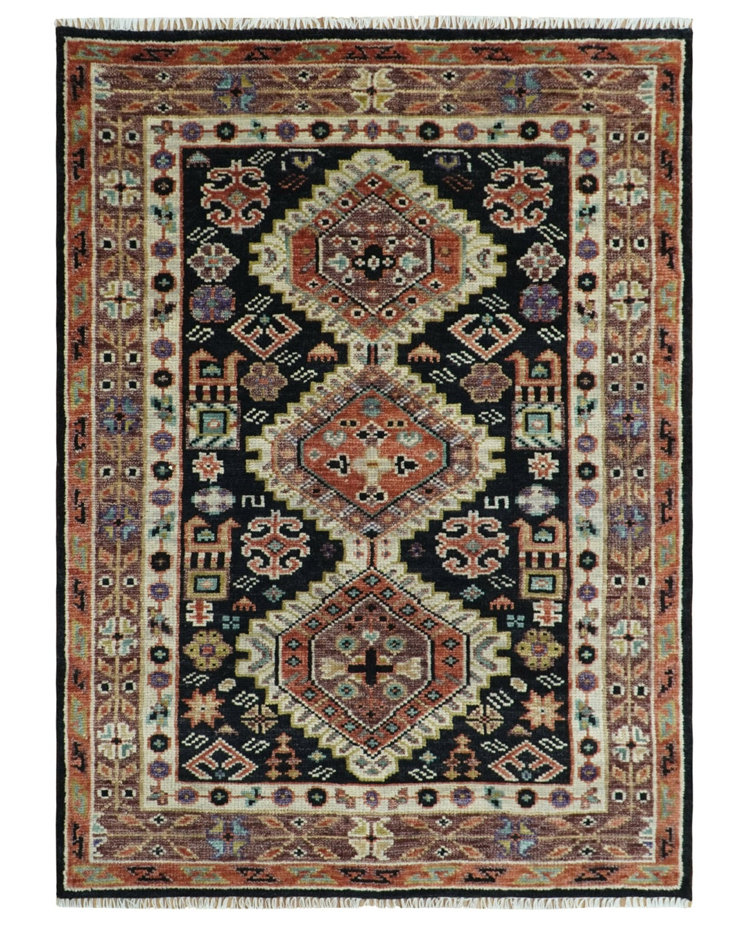 Hand Knotted Rust, Ivory and Black Traditional Heriz Wool Area Rug - The Rug Decor