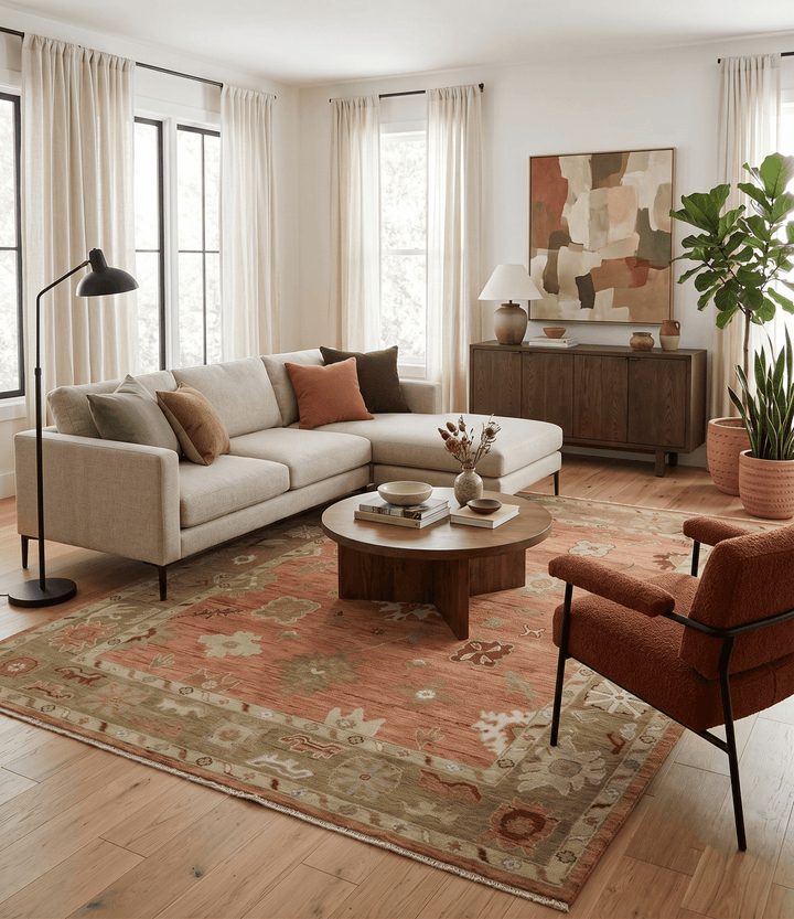 Hand Knotted Rust, Olive and Ivory Traditional Oushak Vintage Style Wool Rug - The Rug Decor