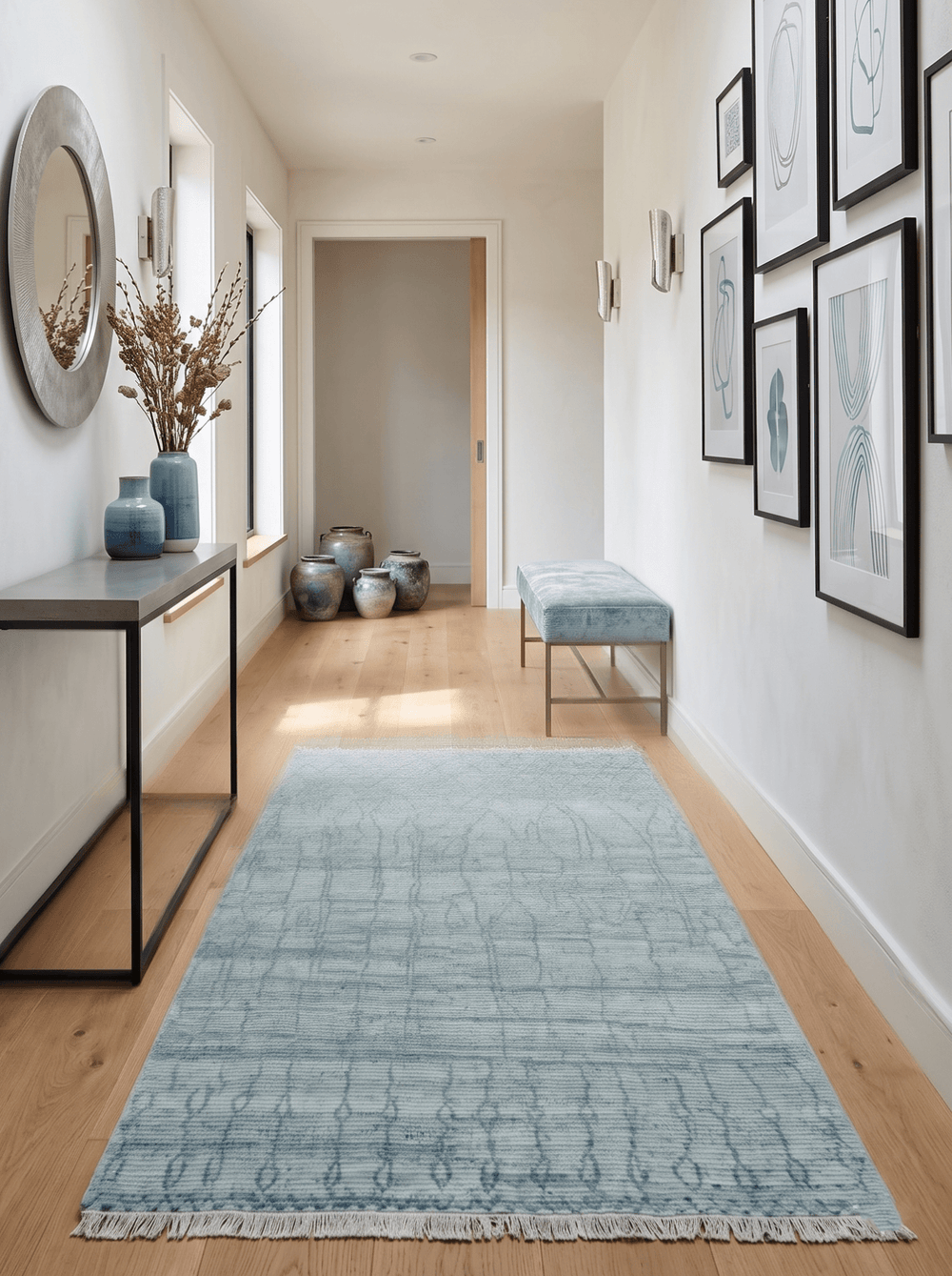 Hand Knotted Silver and Blue Modern Trellis Moroccan Blended Wool Rug - The Rug Decor