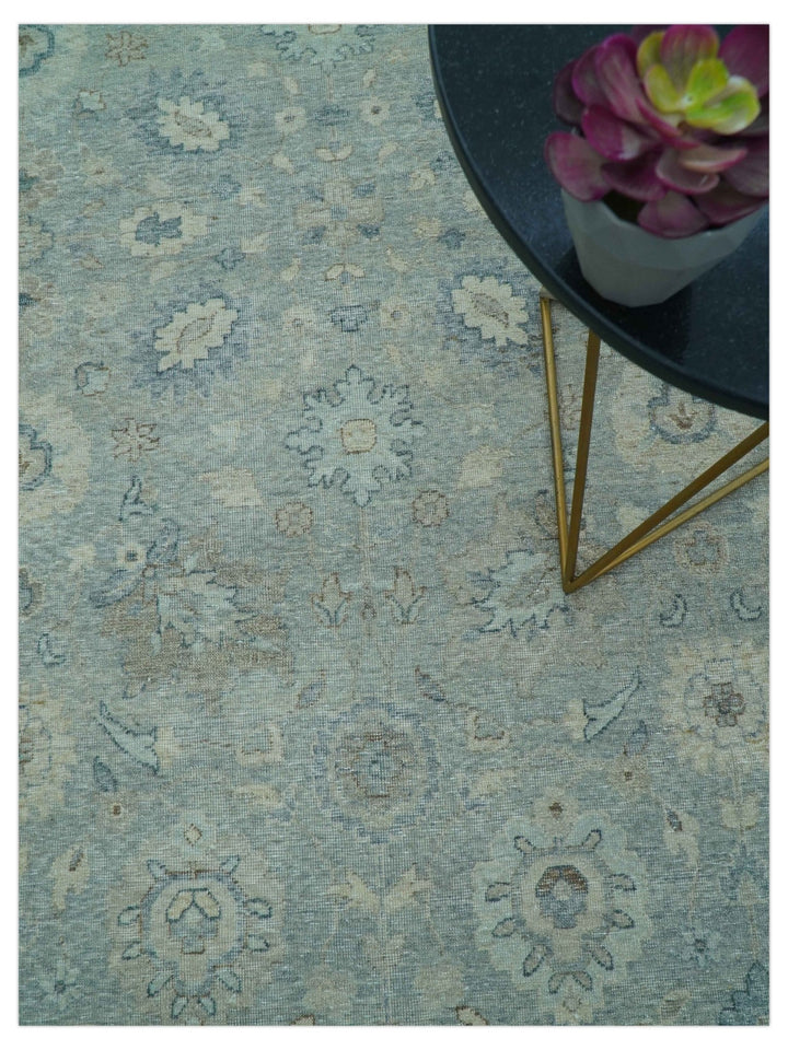 Hand Knotted Silver And Blue Traditional Distressed 10x14 Wool Area Rug - The Rug Decor