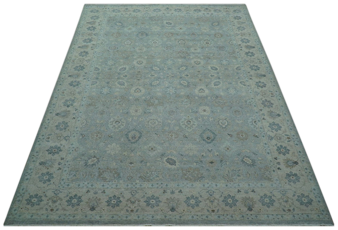 Hand Knotted Silver And Blue Traditional Distressed 10x14 Wool Area Rug - The Rug Decor