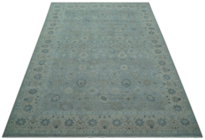 Hand Knotted Silver And Blue Traditional Distressed 10x14 Wool Area Rug - The Rug Decor