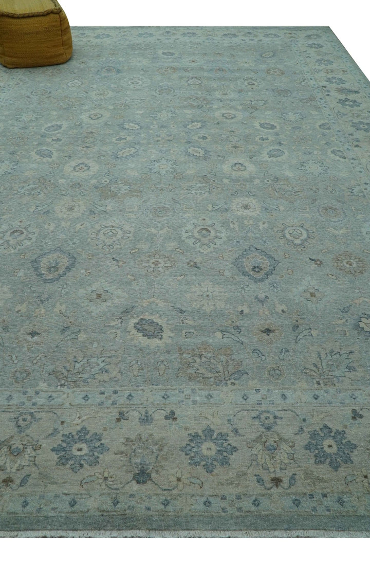 Hand Knotted Silver And Blue Traditional Distressed 10x14 Wool Area Rug - The Rug Decor