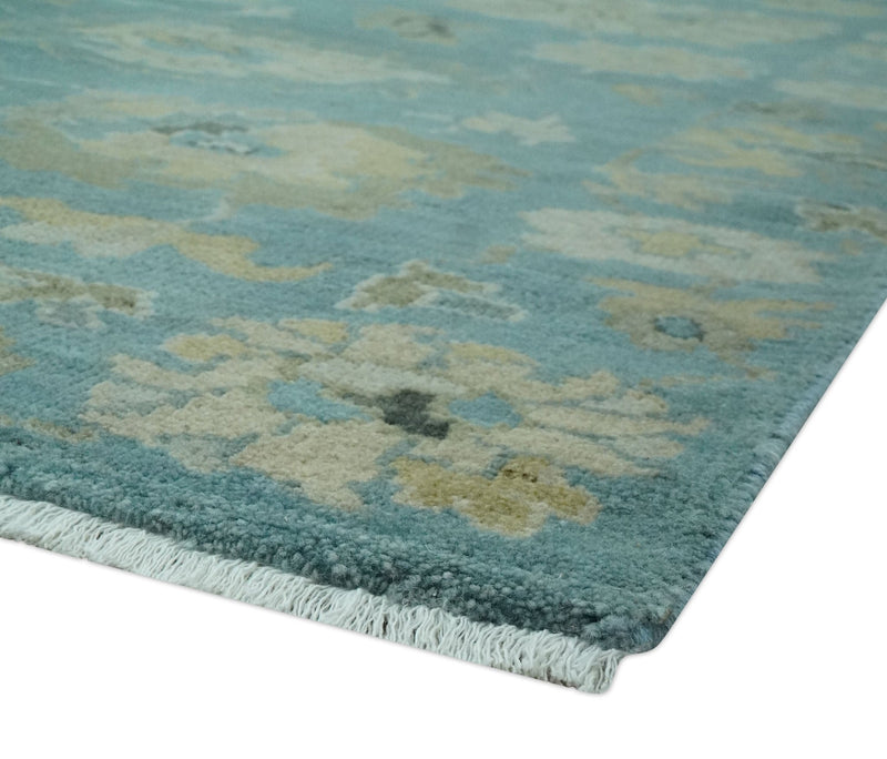 Hand Knotted Teal and Beige Traditional Oushak Multi Size wool area rug - The Rug Decor