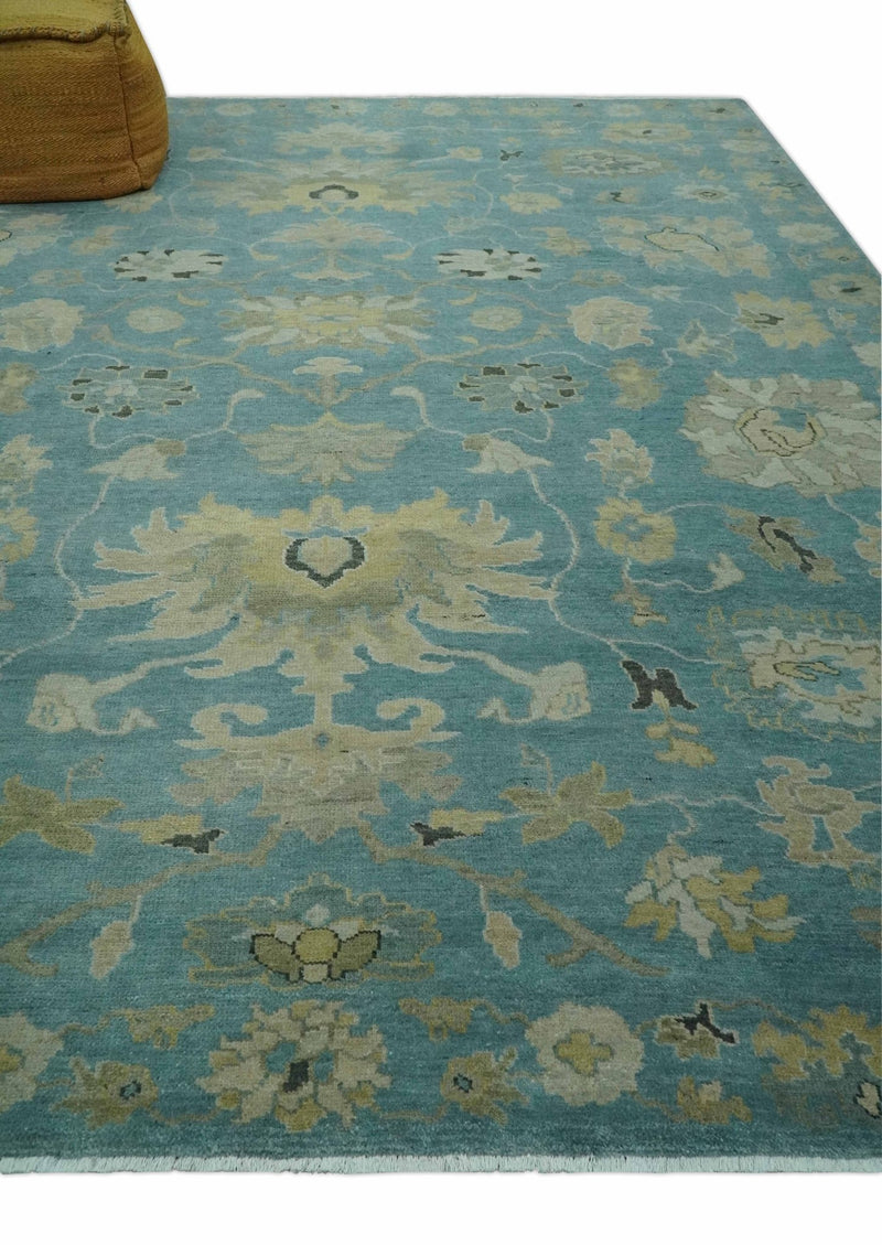 Hand Knotted Teal and Beige Traditional Oushak Multi Size wool area rug - The Rug Decor