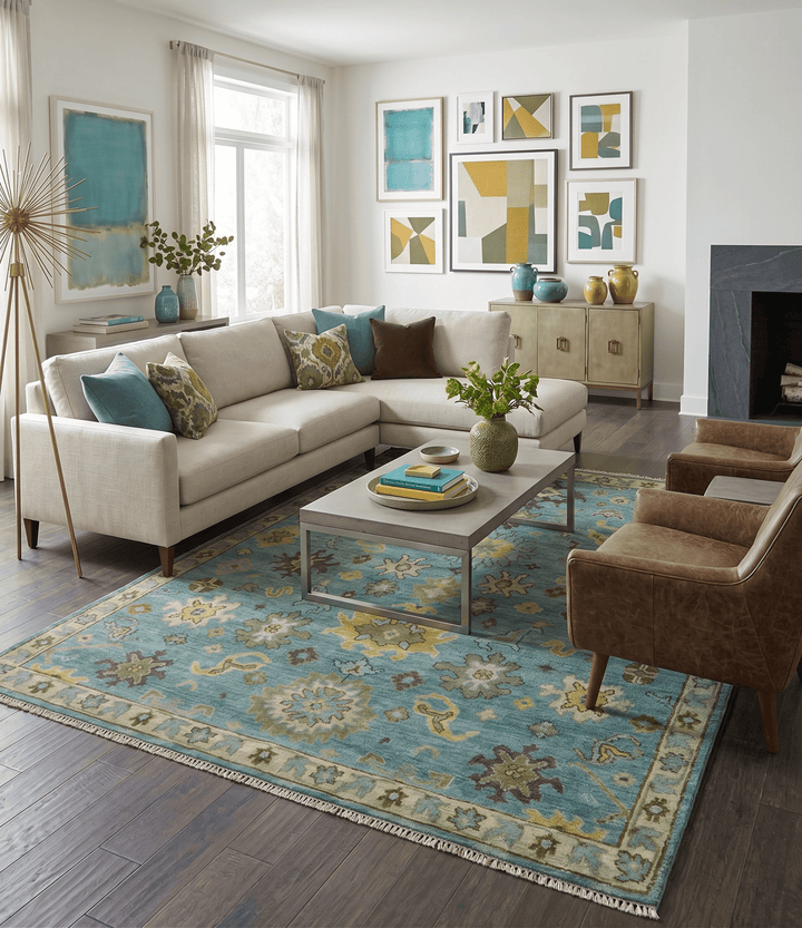 Hand Knotted Teal and Gold Traditional Oushak Multi Size Wool Area Rug - The Rug Decor