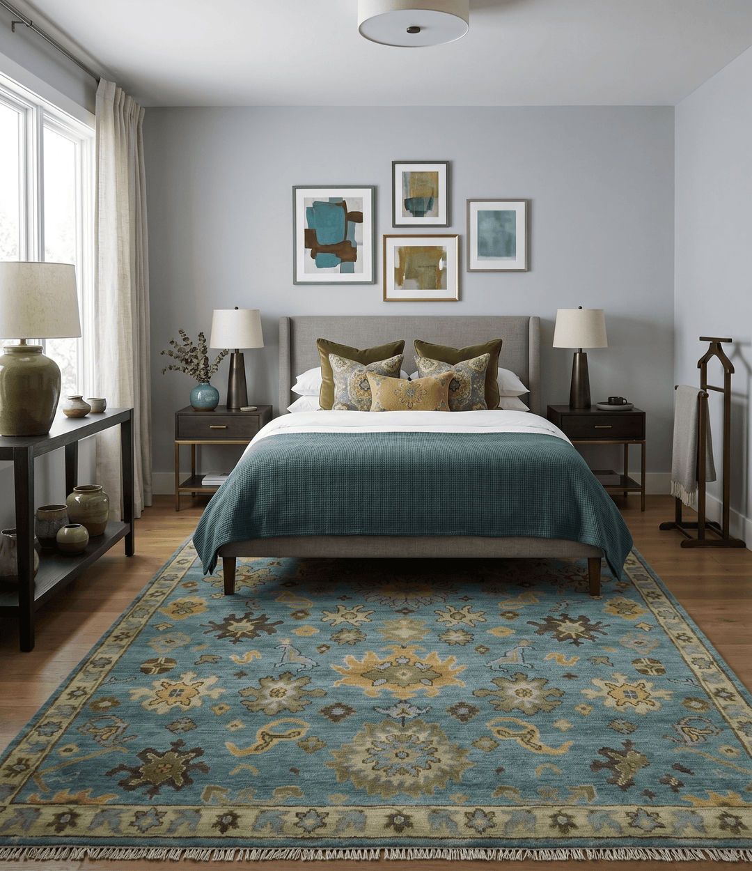 Hand Knotted Teal and Gold Traditional Oushak Multi Size Wool Area Rug - The Rug Decor