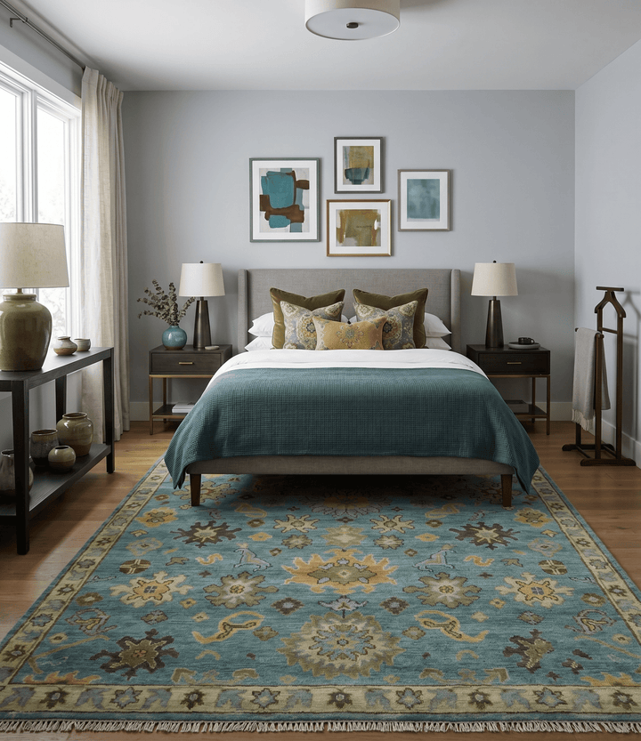 Hand Knotted Teal and Gold Traditional Oushak Multi Size Wool Area Rug - The Rug Decor