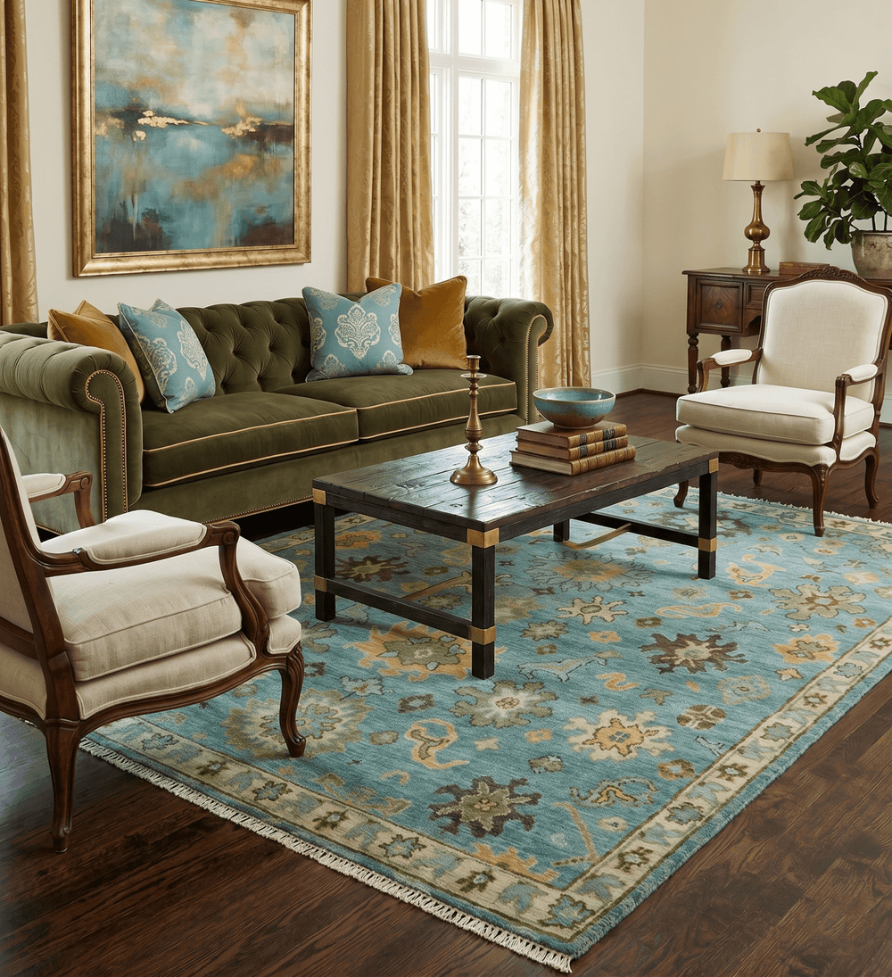 Hand Knotted Teal and Gold Traditional Oushak Multi Size Wool Area Rug - The Rug Decor