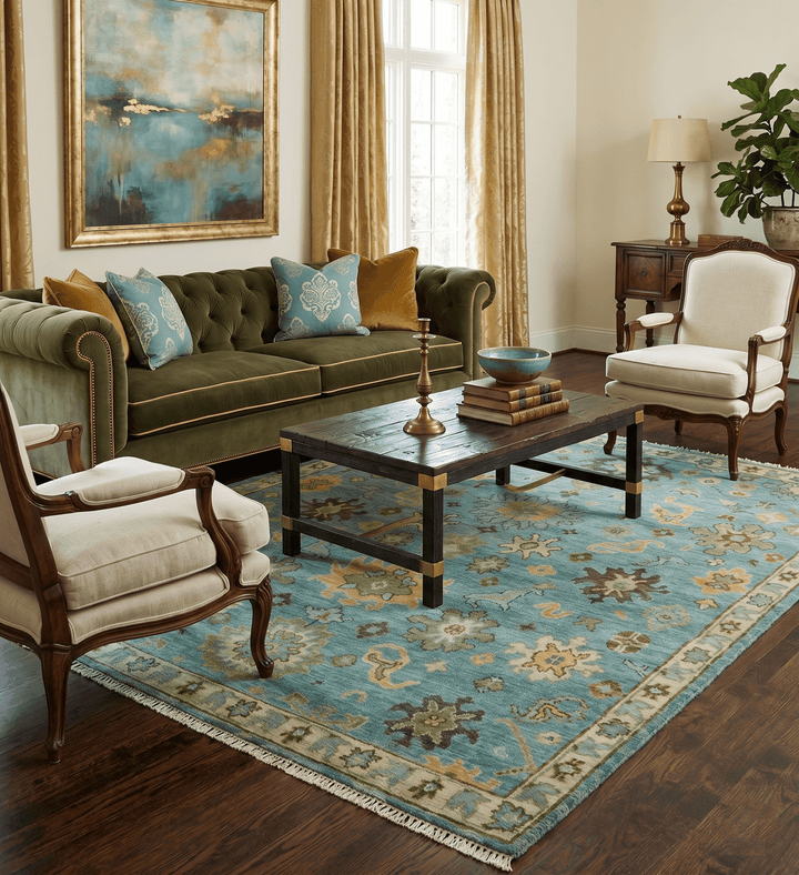 Hand Knotted Teal and Gold Traditional Oushak Multi Size Wool Area Rug - The Rug Decor