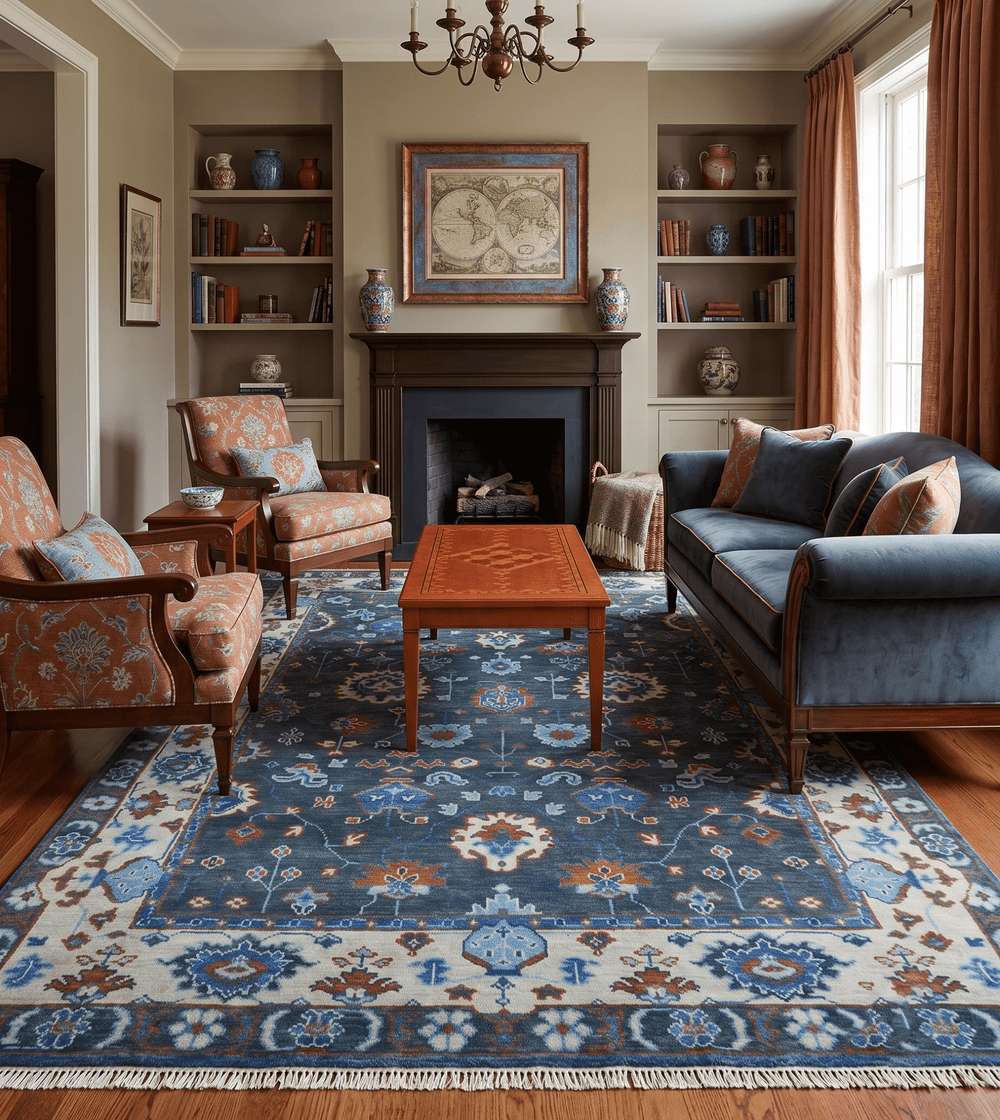 Hand Knotted Teal, Blue and Ivory Traditional Oriental Oushak Wool Area Rug - The Rug Decor