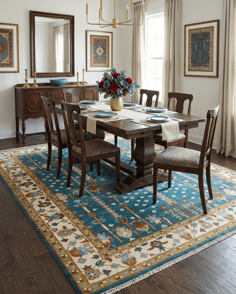 Hand Knotted Teal Blue and Ivory Traditional Vintage Style Multi size Wool Area Rug - The Rug Decor