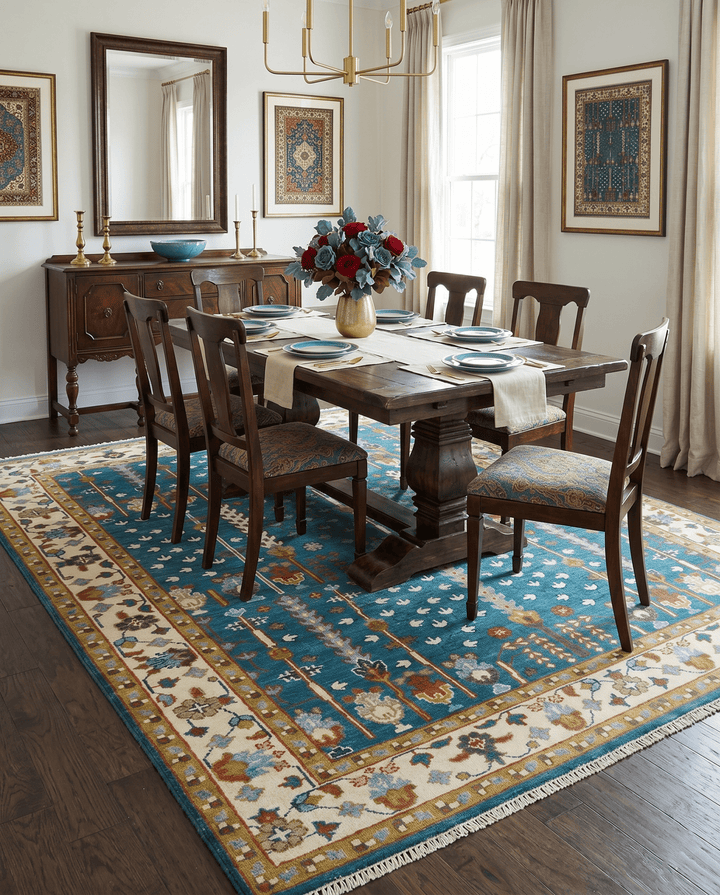 Hand Knotted Teal Blue and Ivory Traditional Vintage Style Multi size Wool Area Rug - The Rug Decor