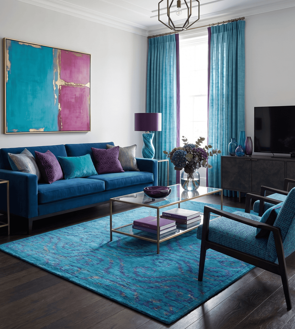 Hand Knotted Teal Blue and Violet Modern Contemporary Southwestern Tribal Trellis Recycled Silk Area Rug - The Rug Decor