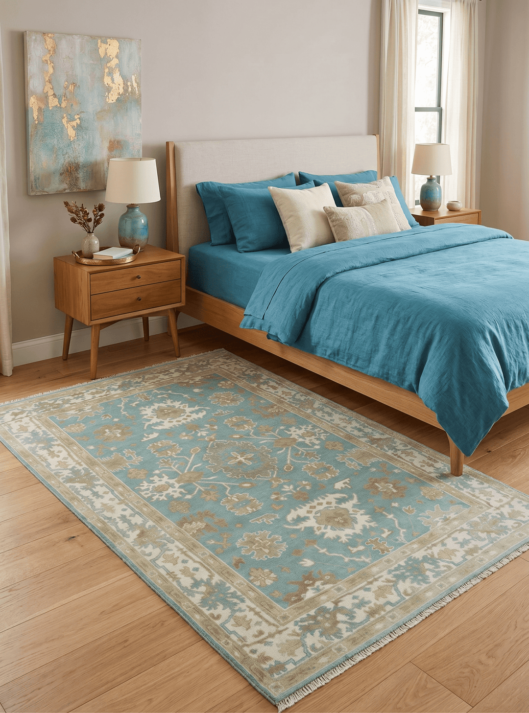 Hand Knotted Teal, Ivory and Beige Traditional Oriental Oushak Multi Size wool rug - The Rug Decor