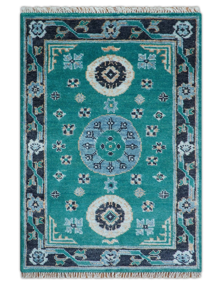 Hand knotted Teal Traditional Khotan Design 4x6 Wool Area Rug - The Rug Decor