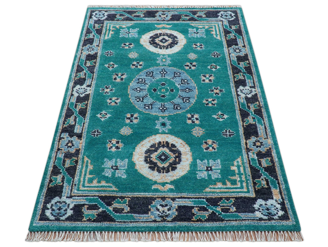 Hand knotted Teal Traditional Khotan Design 4x6 Wool Area Rug - The Rug Decor