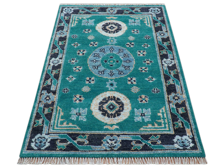 Hand knotted Teal Traditional Khotan Design 4x6 Wool Area Rug - The Rug Decor