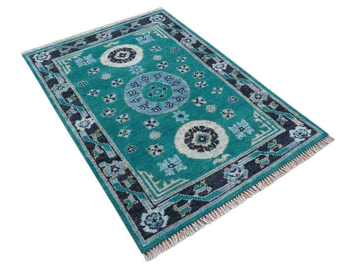 Hand knotted Teal Traditional Khotan Design 4x6 Wool Area Rug - The Rug Decor