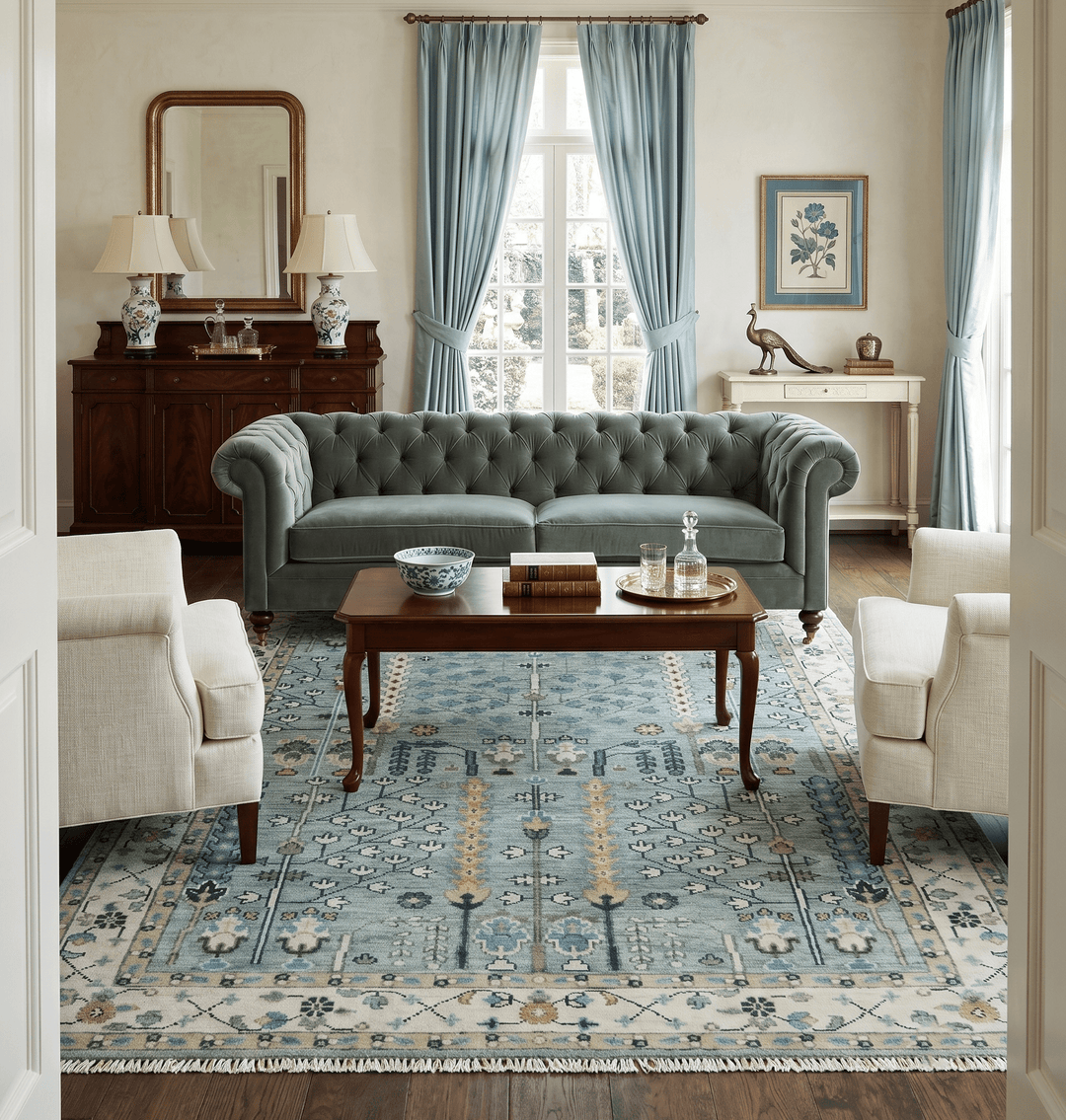 Hand Knotted Traditional Aqua and Ivory Antique Oushak Custom Made Wool Area Rug - The Rug Decor