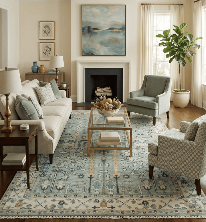 Hand Knotted Traditional Blue and Ivory Antique Oushak Custom Made Wool Area Rug - The Rug Decor