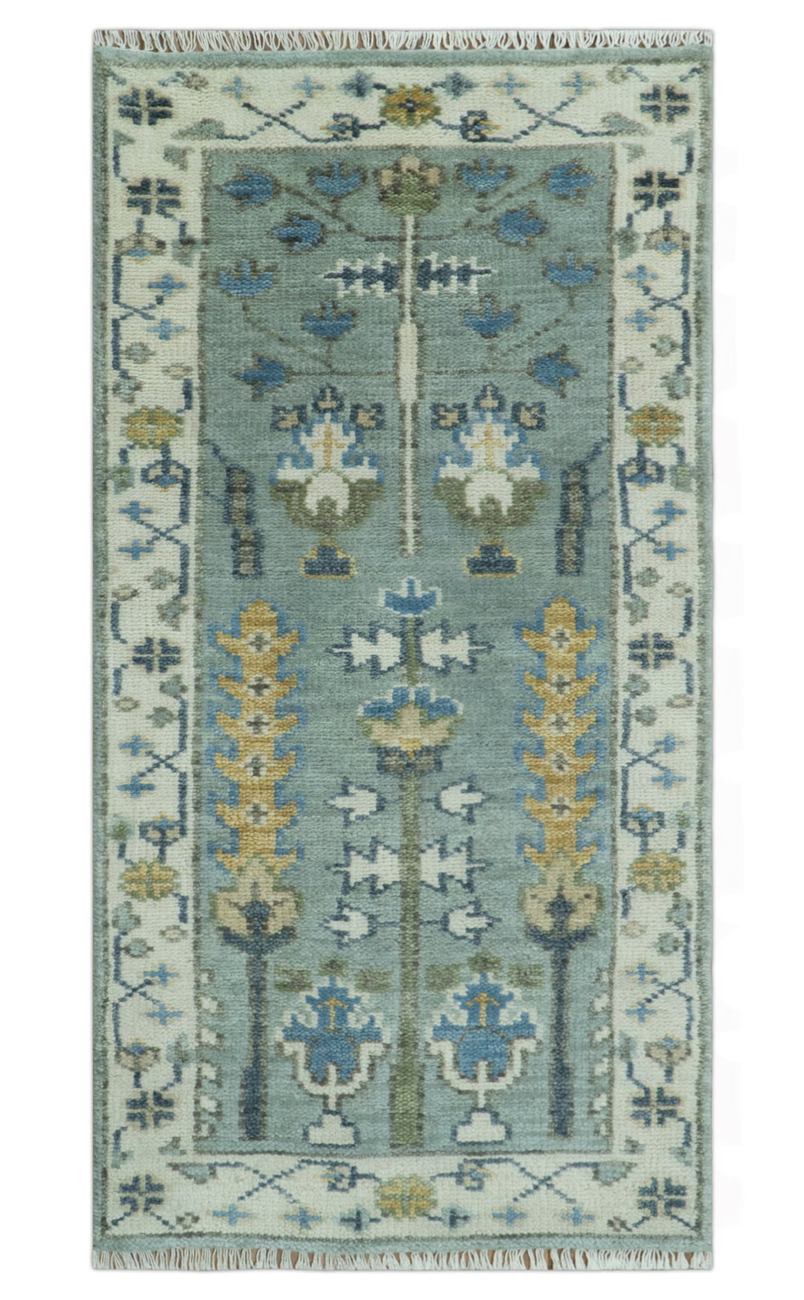 Hand Knotted Traditional Blue and Ivory Antique Oushak Custom Made Wool Area Rug - The Rug Decor