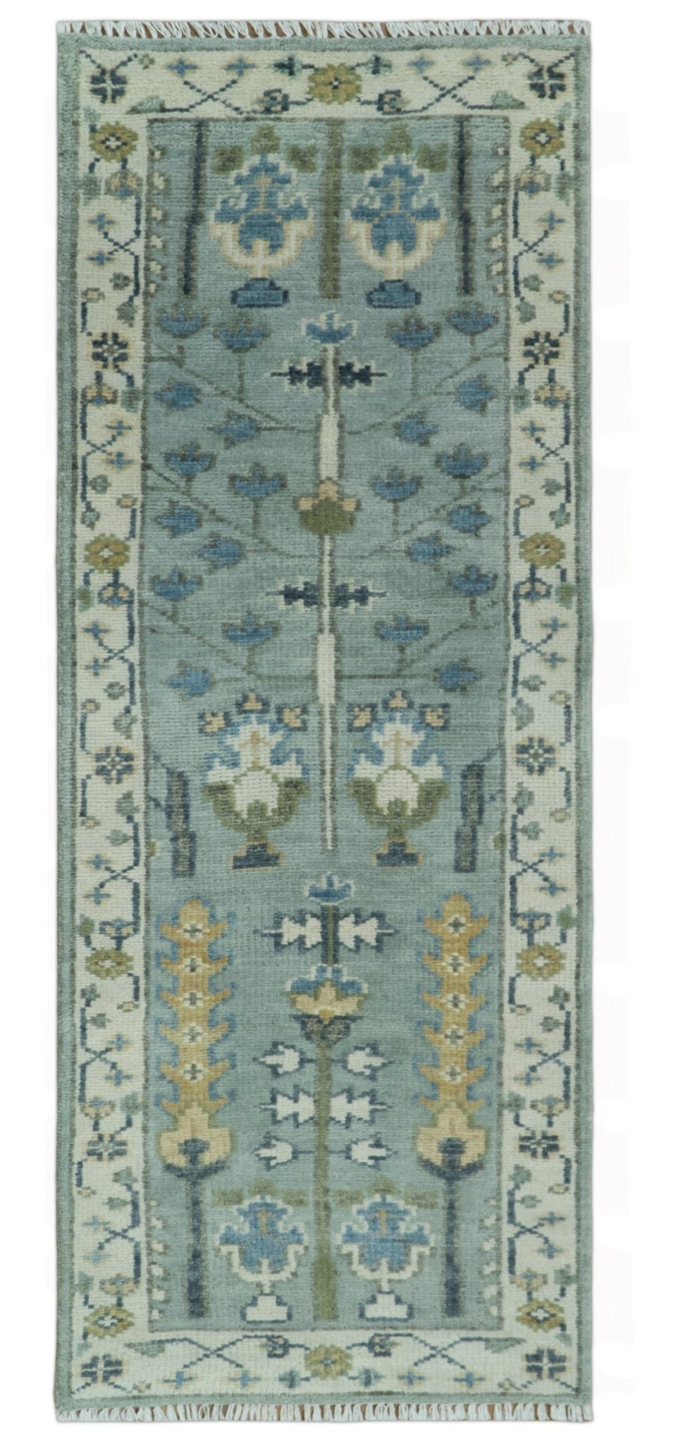 Custom Made Hand Knotted Tree of life Blue And Ivory Runner Wool Rug