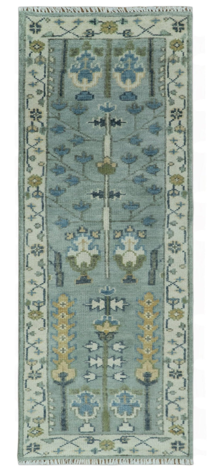 Custom Made Hand Knotted Tree of life Blue And Ivory Runner Wool Rug