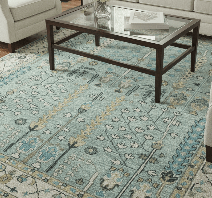 Hand Knotted Traditional Blue and Ivory Antique Oushak Custom Made Wool Area Rug - The Rug Decor
