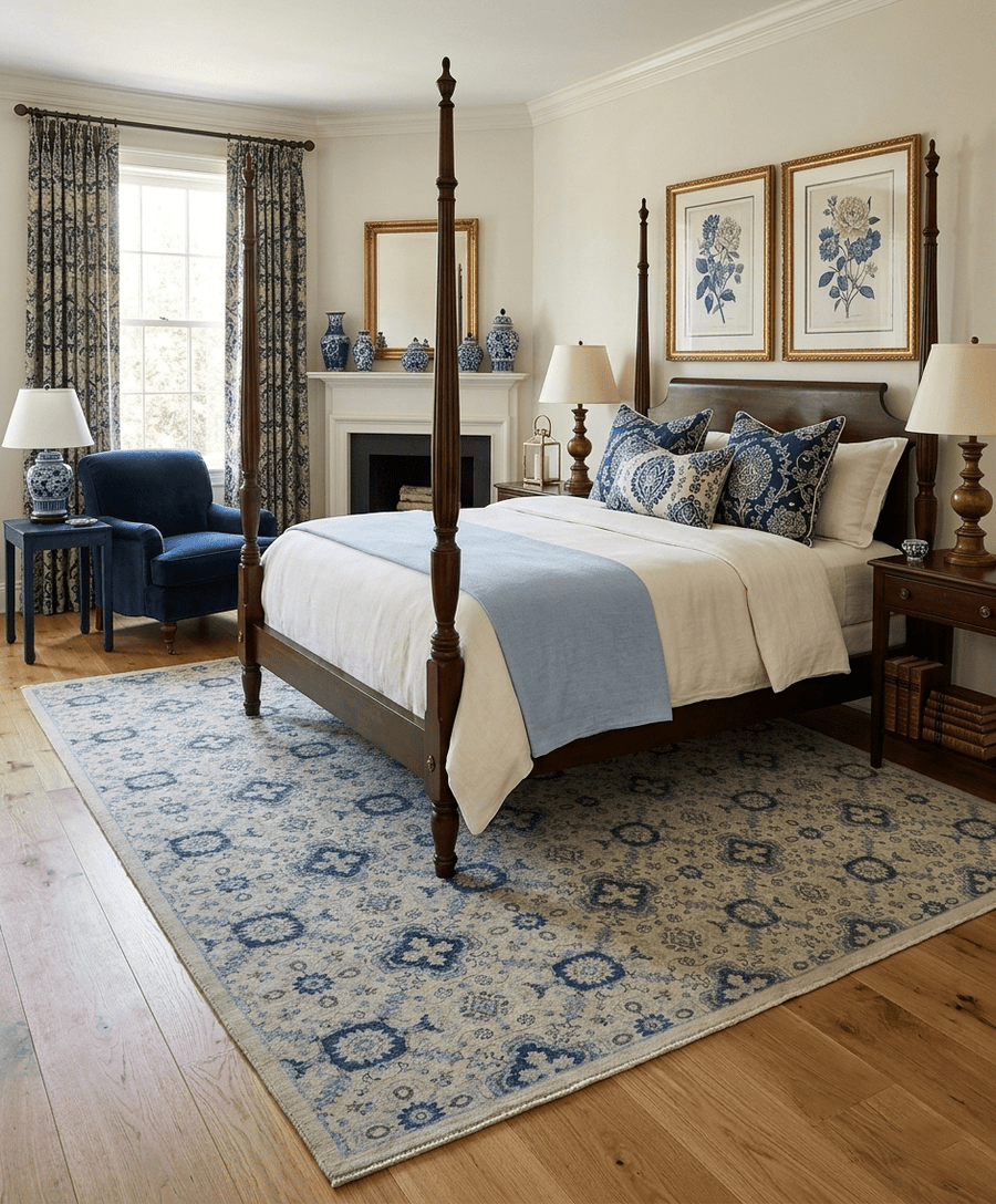 Hand Knotted Traditional Ivory and Blue Oxidized Textured Low Pile Wool Rug - The Rug Decor