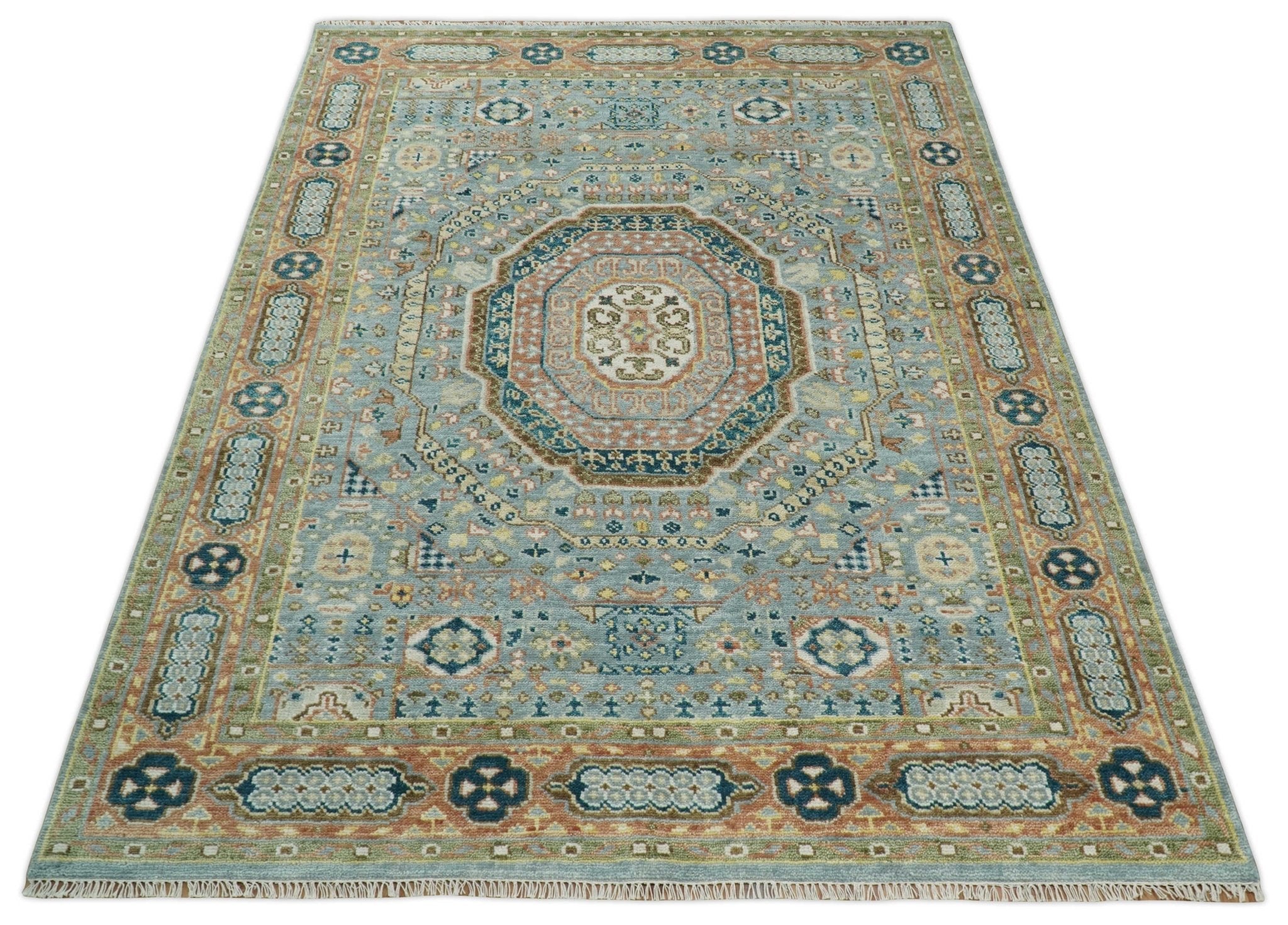 Rust and Blue Hand Knotted traditional Antique look Turkish Mamluk