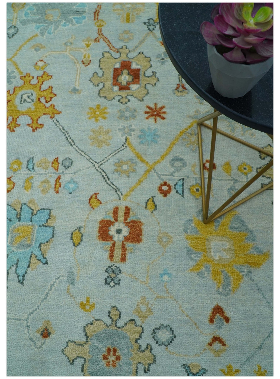 Hand Knotted Traditional Oushak Blue And Mustard Wool Rug - The Rug Decor