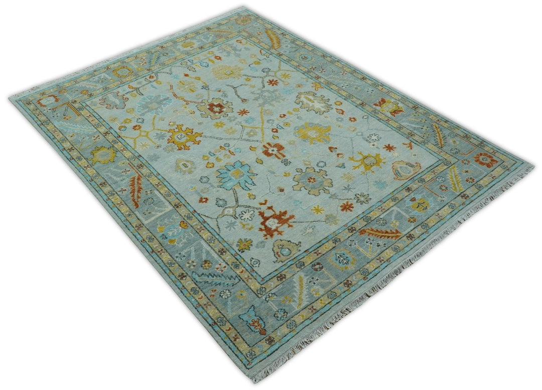 Hand Knotted Traditional Oushak Blue And Mustard Wool Rug - The Rug Decor