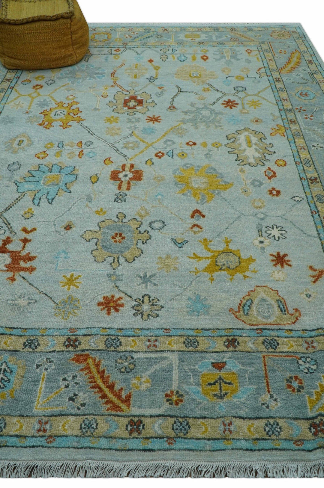 Hand Knotted Traditional Oushak Blue And Mustard Wool Rug - The Rug Decor