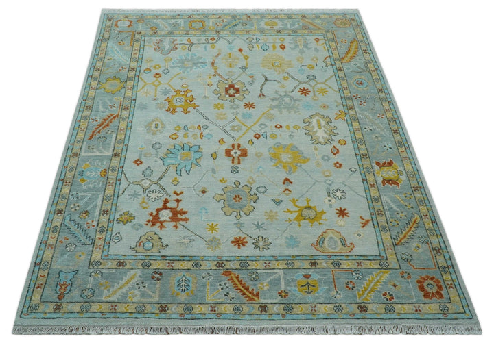 Hand Knotted Traditional Oushak Blue And Mustard Wool Rug - The Rug Decor