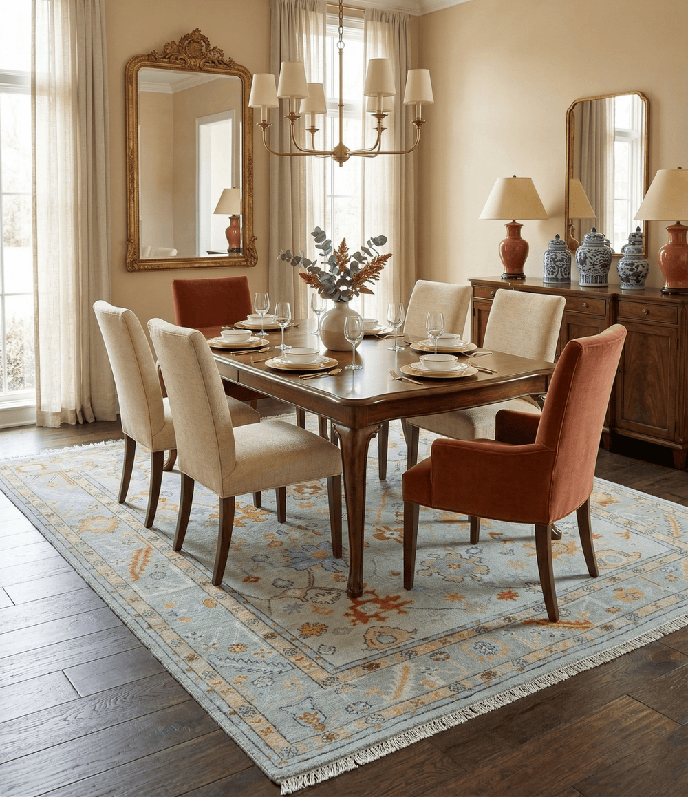 Hand Knotted Traditional Oushak Blue And Mustard Wool Rug - The Rug Decor