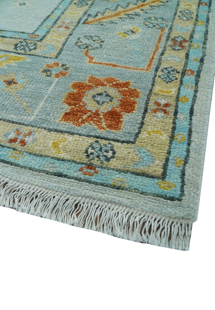 Hand Knotted Traditional Oushak Blue And Mustard Wool Rug - The Rug Decor