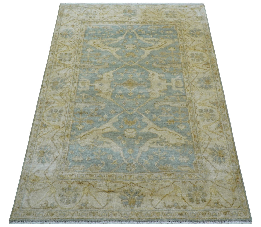 Hand Knotted Traditional Oushak Design Blue And Beige 6x9 Wool Rug - The Rug Decor
